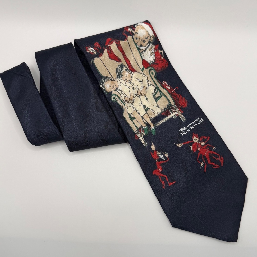 Norman Rockwell Necktie OS Christmas Holiday Santa Americana Vintage Navy Blue - Picture 2 of 8